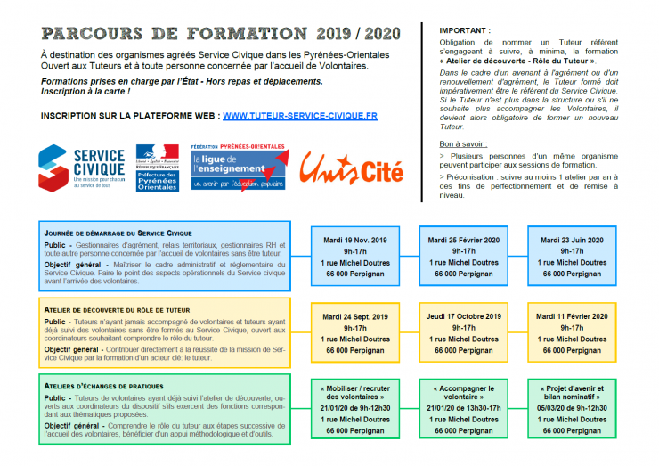 Service Civique – calendrier de formation 2019/2020 